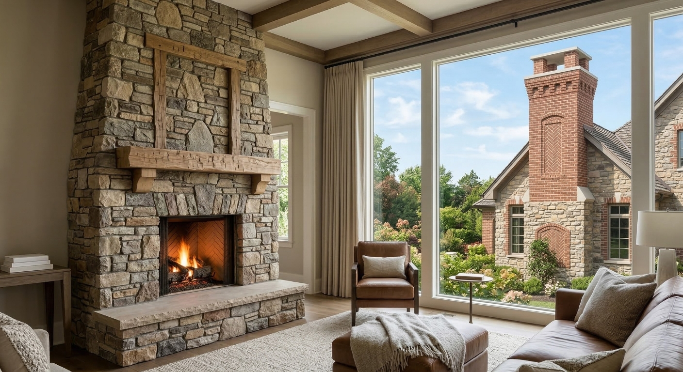 Brick chimney repair and custom stone fireplace surround masonry