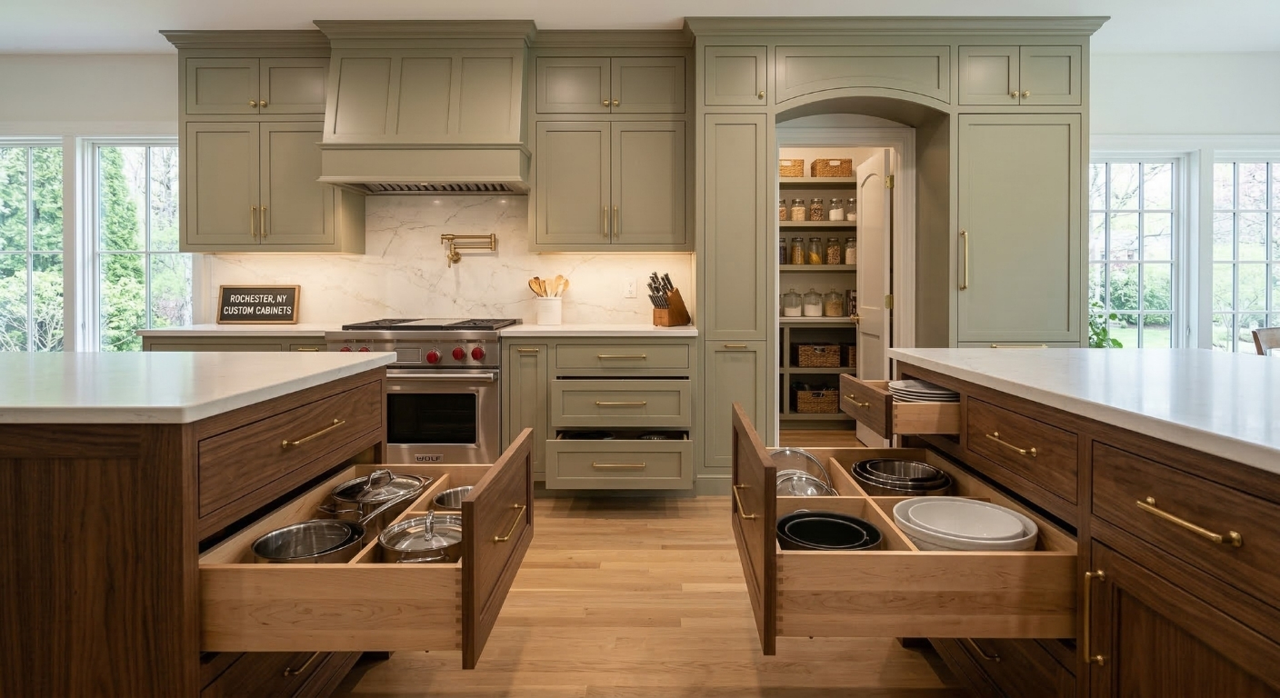 Custom built kitchen cabinetry and deep storage drawers