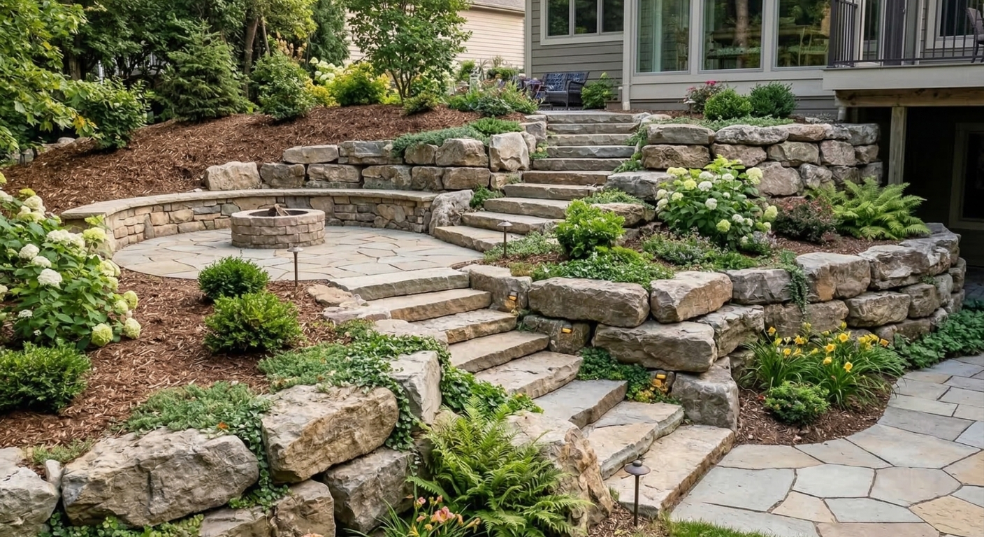 Custom stone retaining wall and hardscaping for backyard erosion control