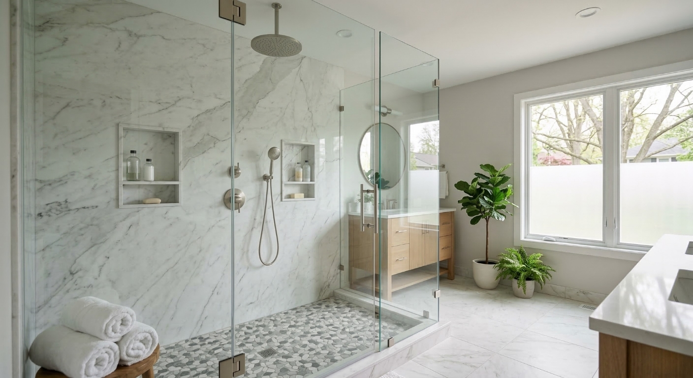 Custom walk-in shower with frameless glass doors and rainfall showerhead