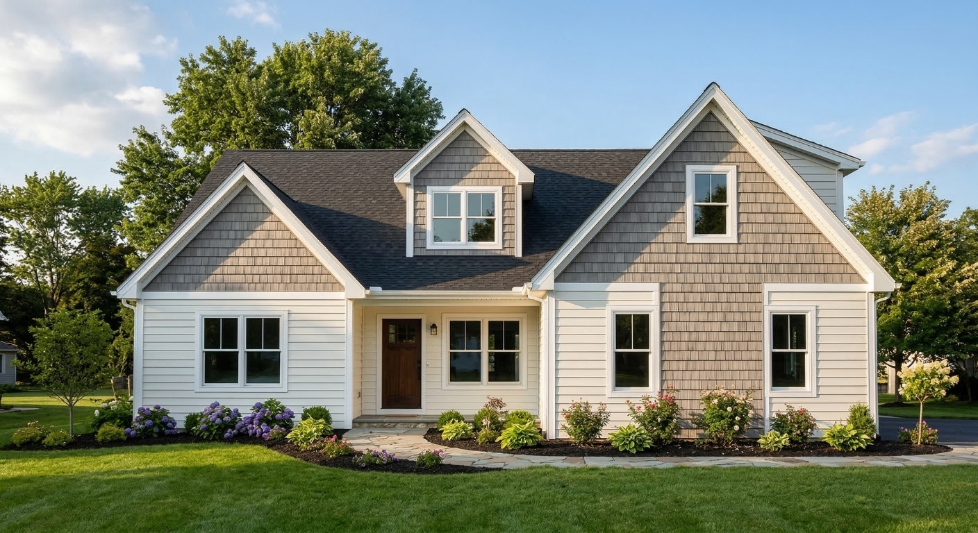 Decorative vinyl cedar shakes on a newly remodeled home exterior