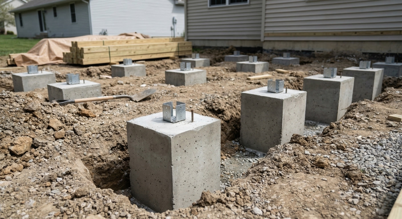 Deep frost-line compliant concrete footings for a custom deck
