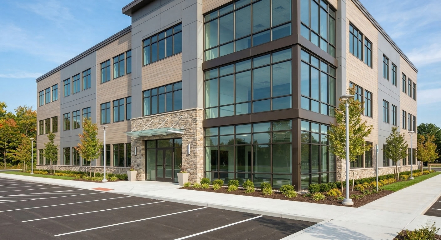 Exterior commercial building upgrade featuring new windows and siding