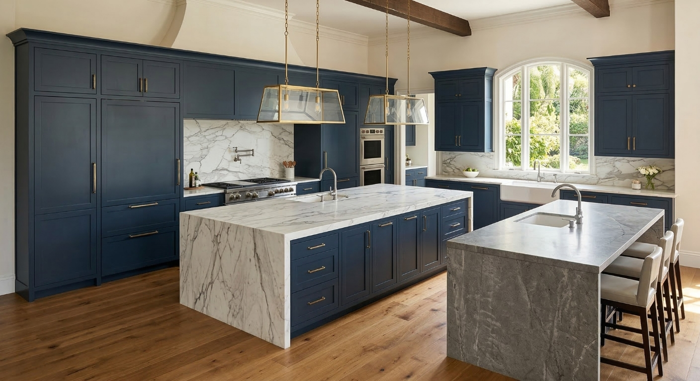 High-end kitchen remodel featuring custom inset cabinetry and stone islands