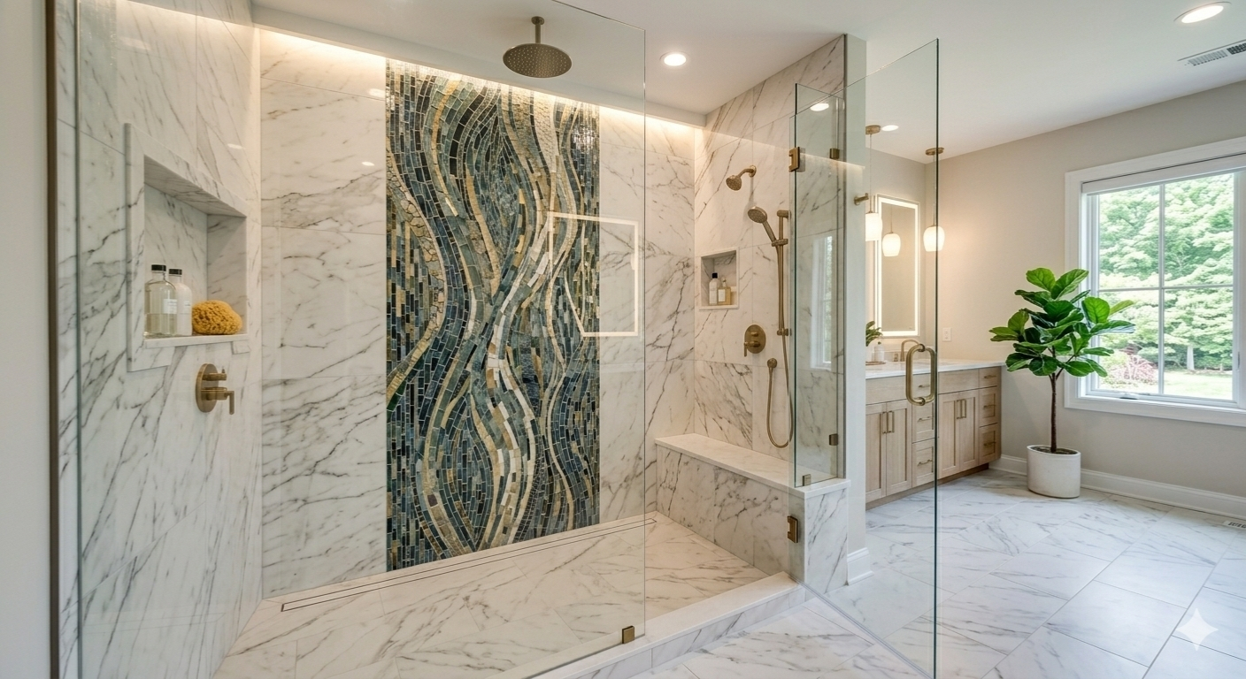 Luxury walk-in shower with custom tile mosaic installation