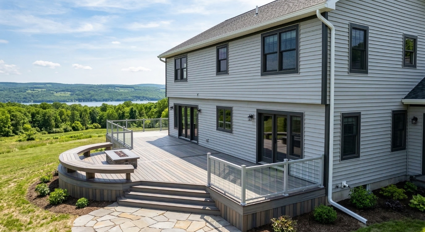Exterior home renovation featuring vinyl siding and custom deck in Moravia
