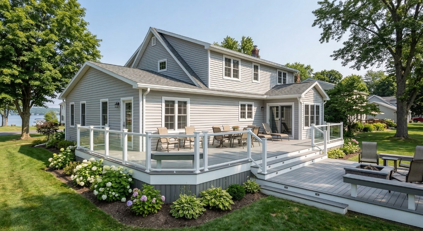 Exterior home renovation featuring vinyl siding and custom deck in Seneca Falls