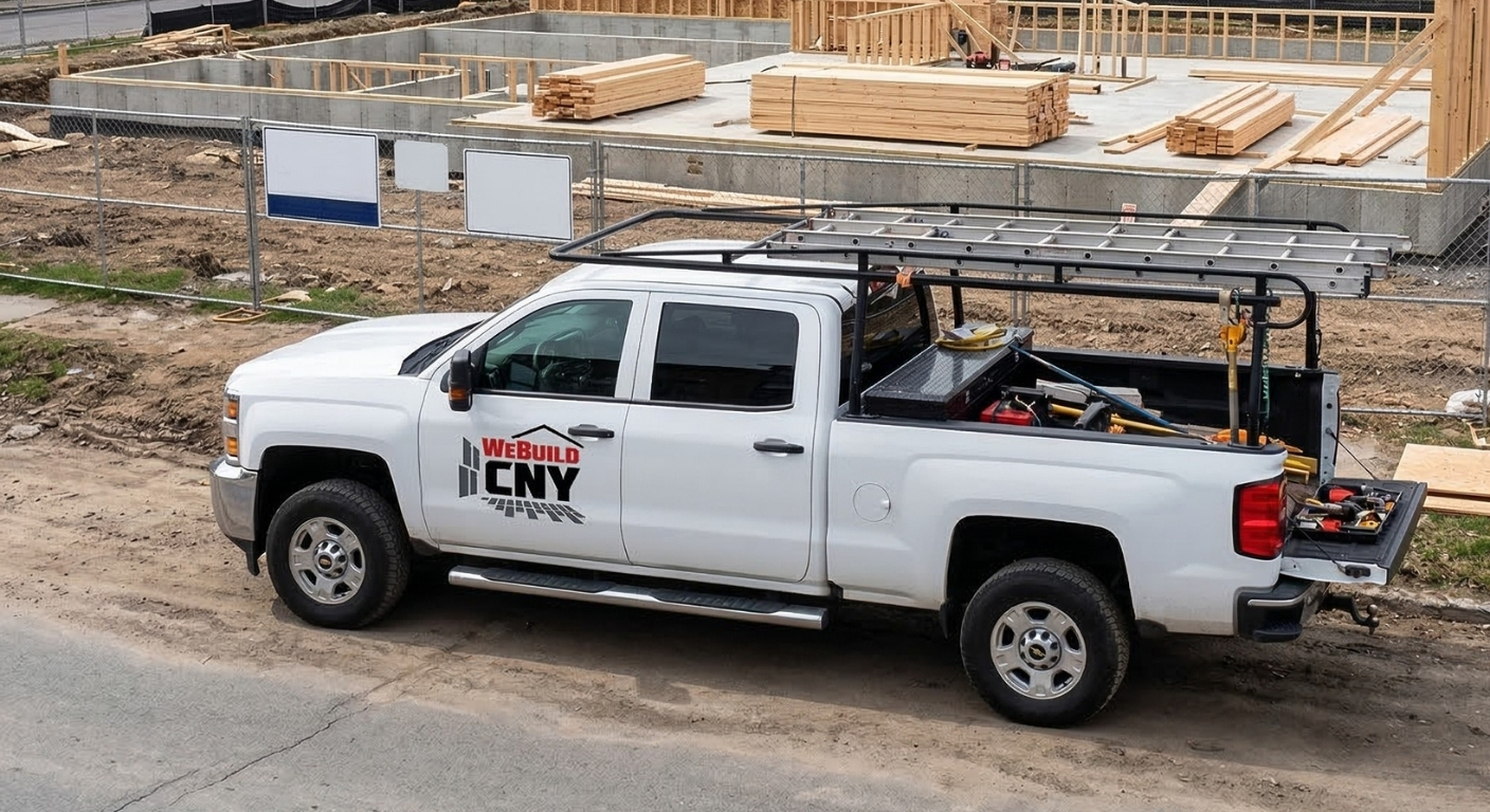 WeBuild CNY contractor truck parked at a job site in Auburn, NY