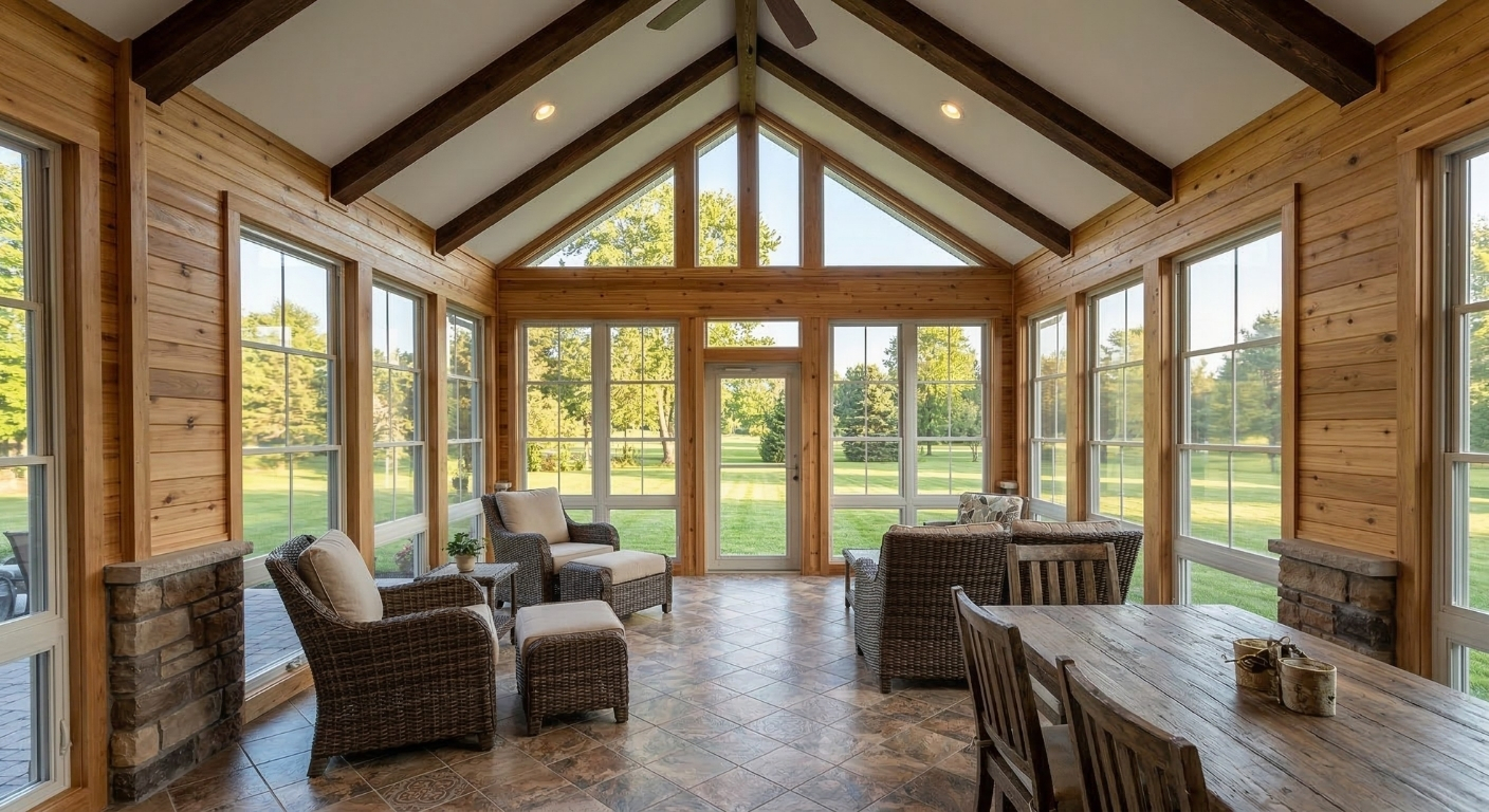 Interior view of a finished 3-season sunroom built in Cayuga County by WeBuild CNY
