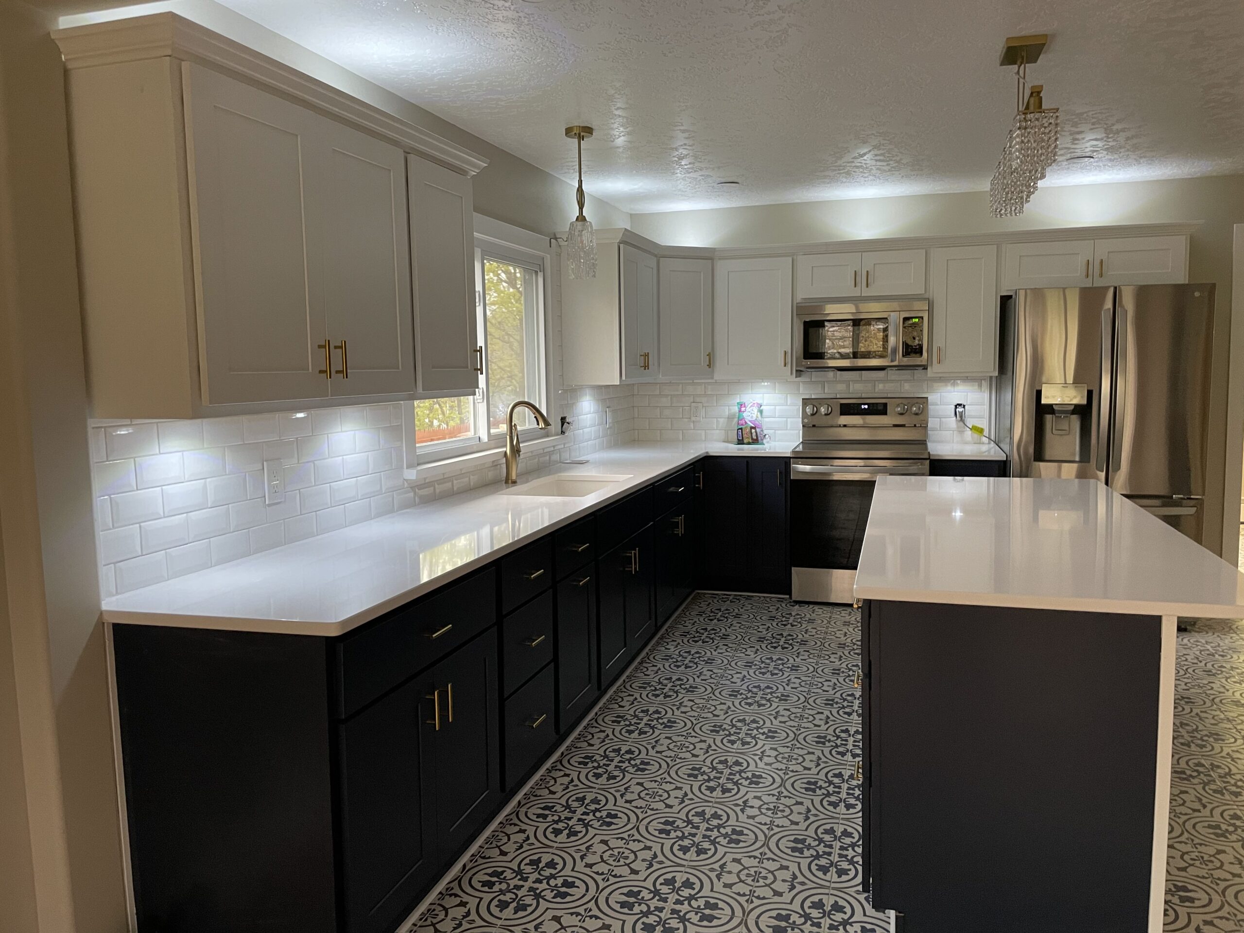 Seamless open floor plan connecting the newly remodeled kitchen to the cozy living room