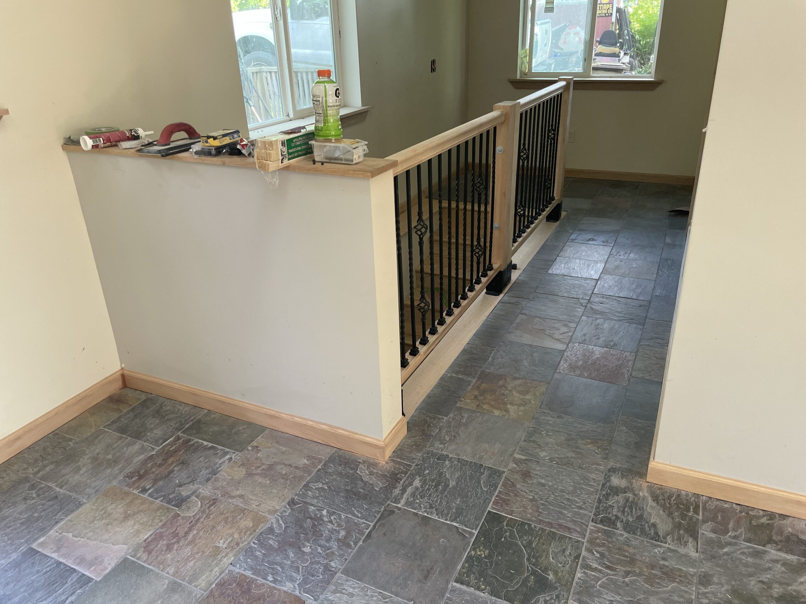 Close-up of premium wood newel posts and spindles installed in Auburn New York