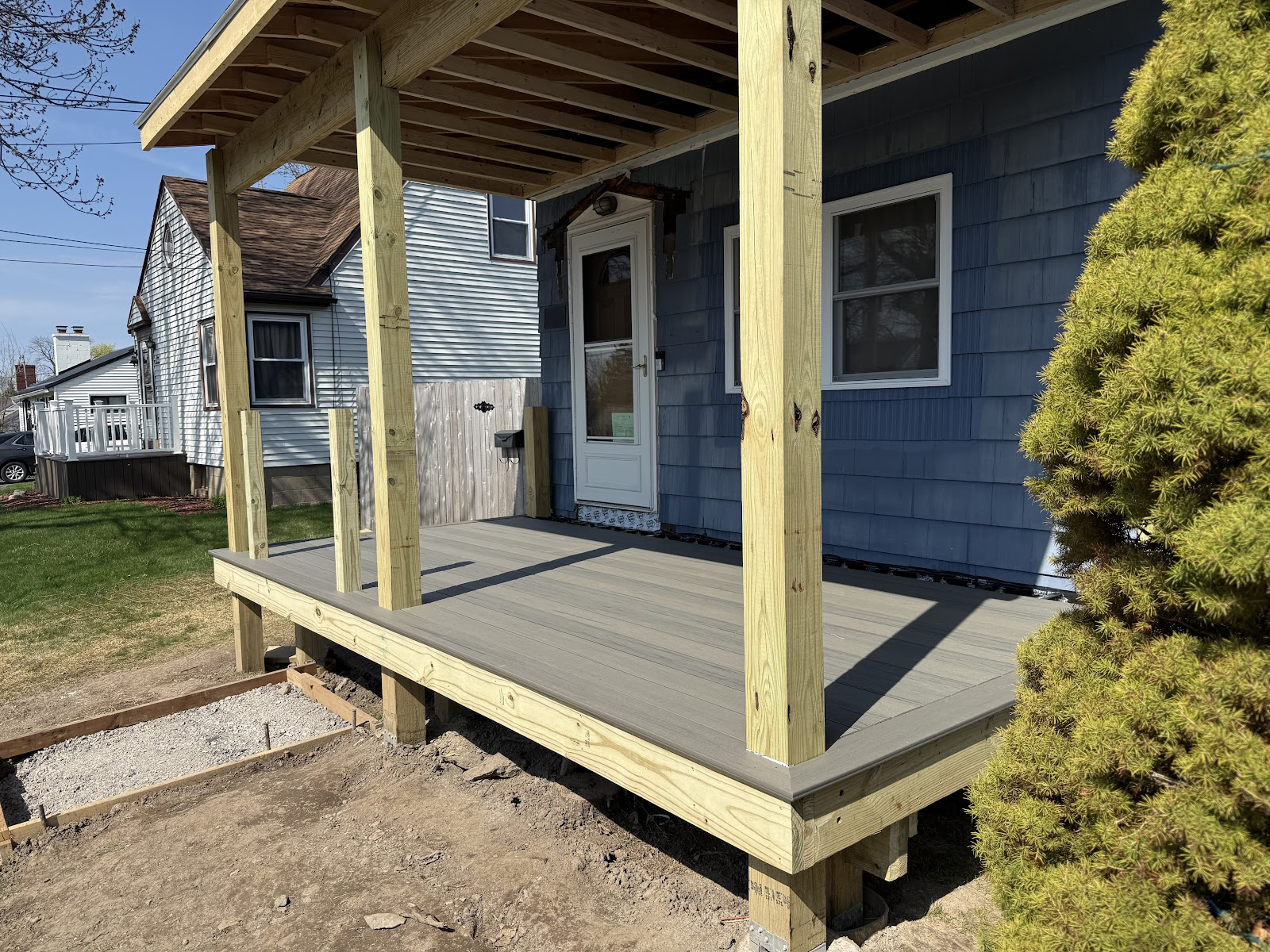 Construction progress of an 8x16 outdoor deck and porch expansion in Cayuga County