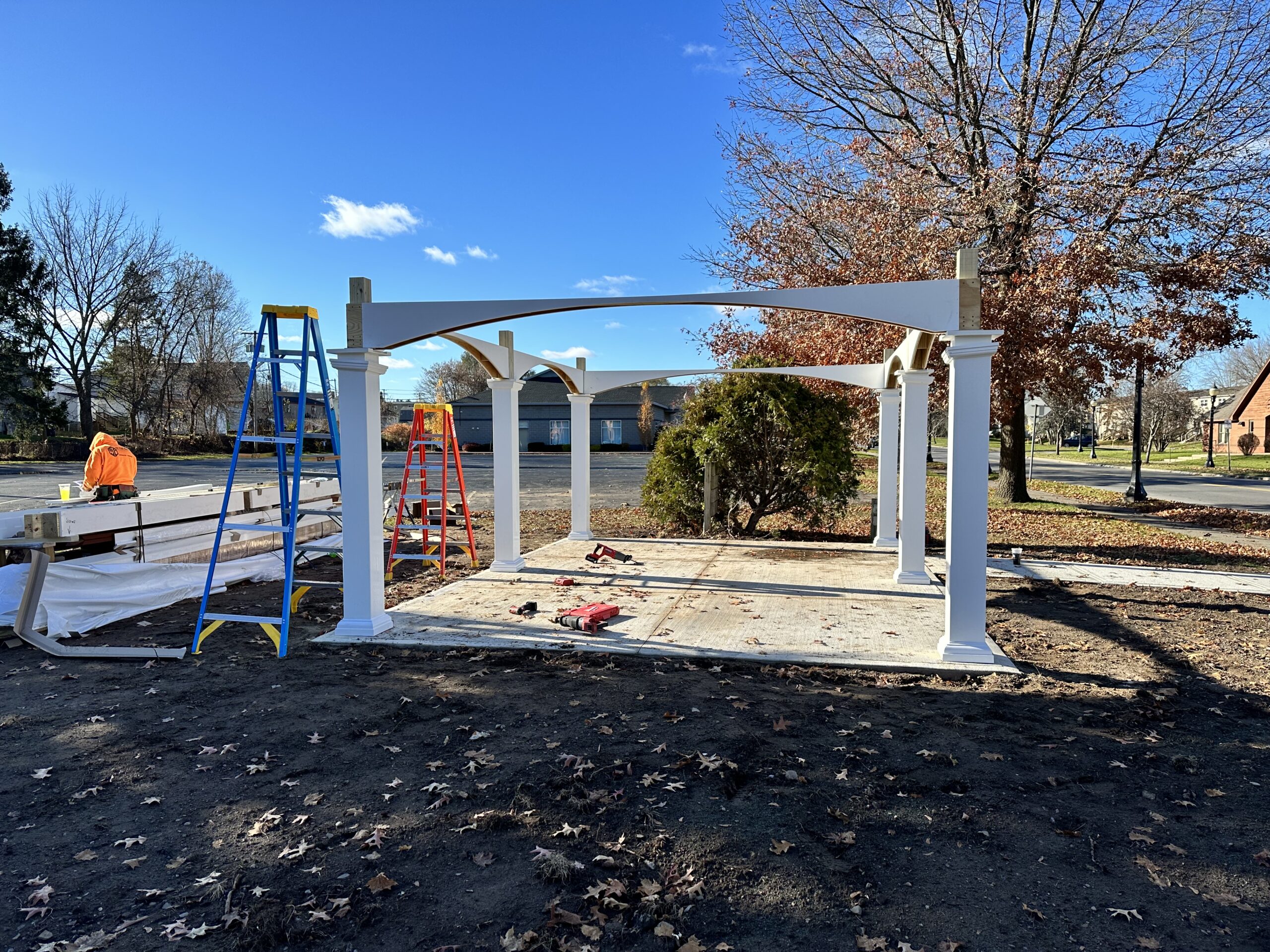Roof trusses and structural wood framing underway for the Mattydale pavilion project