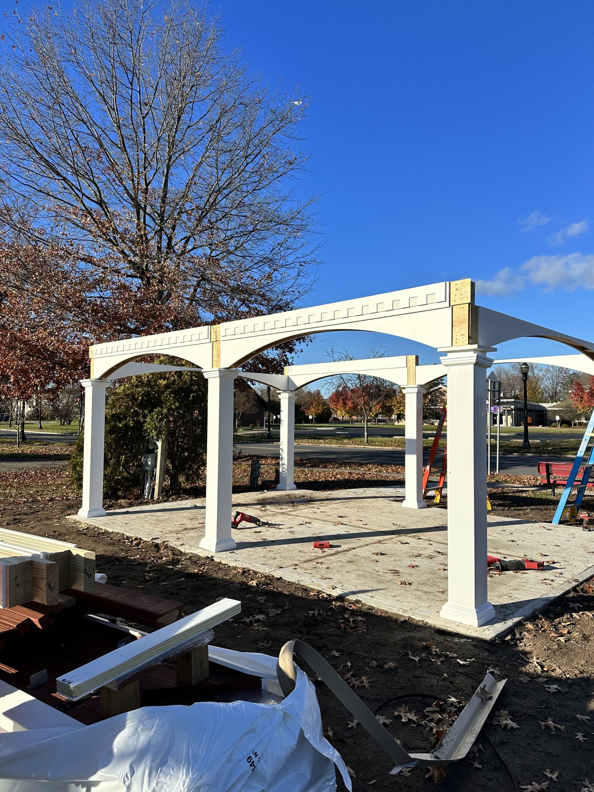 Amish-sourced wood materials being assembled on-site by skilled local contractors