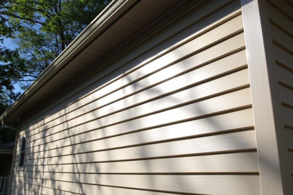 A completed section of vinyl siding shines in the sunlight.