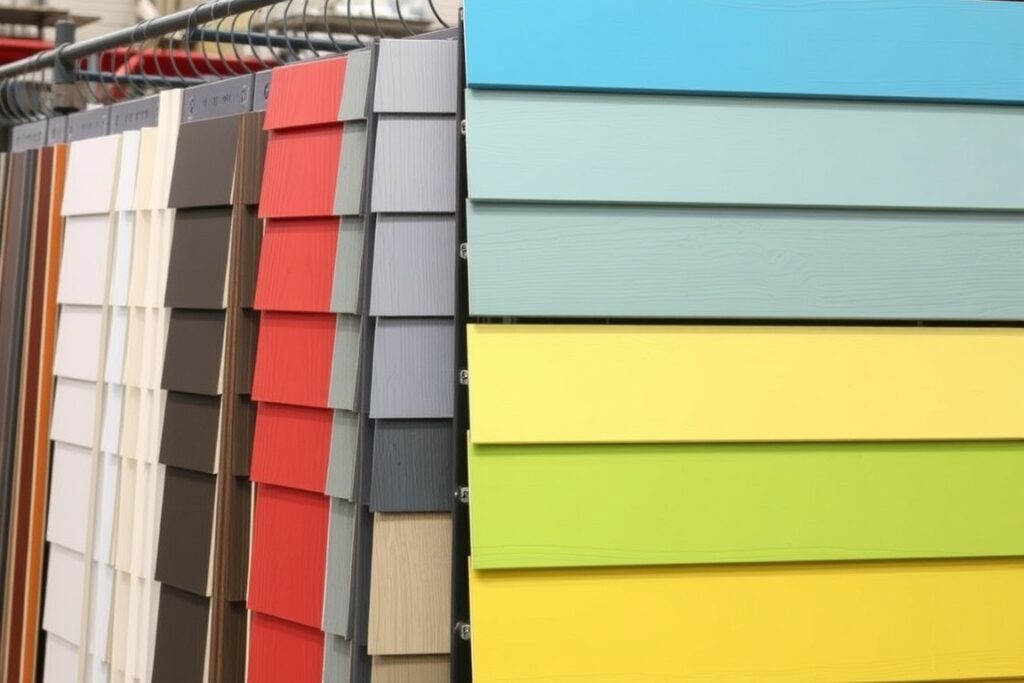 Different colors of vinyl siding are displayed on a rack.