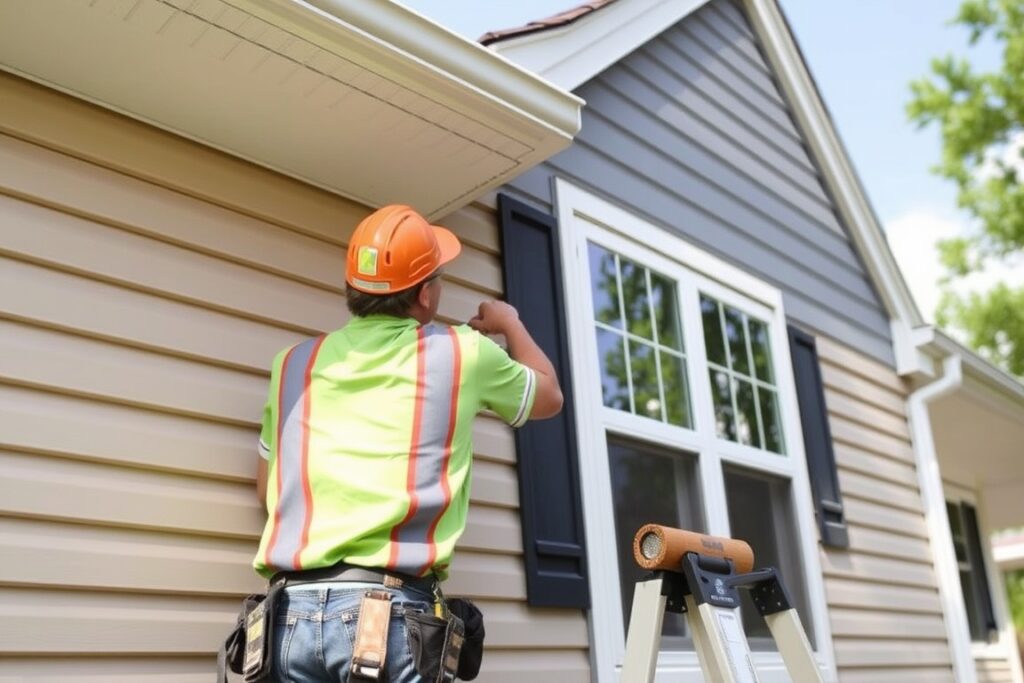 A contractor is installing new vinyl siding on a house.